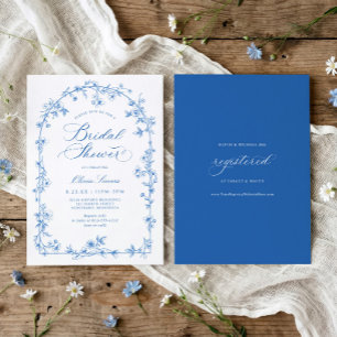 Invitación Ducha de Novia Floral Azul y Blanco Toile Francés