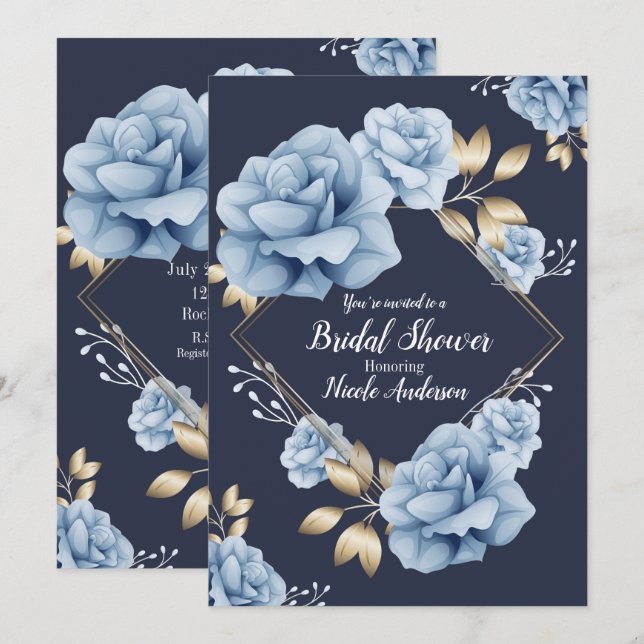 Invitación Ducha de Novia Floral Azul y Dorado Botánico (Anverso / Reverso)