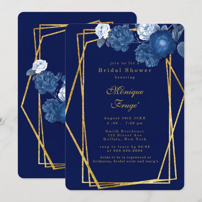 Invitación Ducha de novia floral azul y geométrica de oro (Anverso / Reverso)