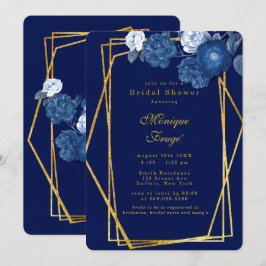 Invitación Ducha de novia floral azul y geométrica de oro