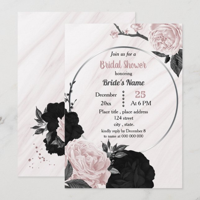 Invitación Ducha de novia floral azul y rosa suave (Anverso / Reverso)