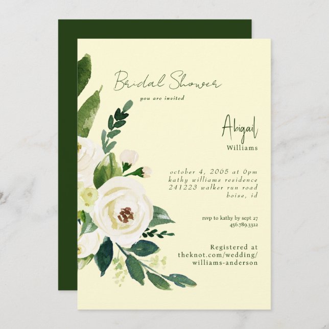 Invitación Ducha de novia floral blanca amarilla y verde (Anverso / Reverso)