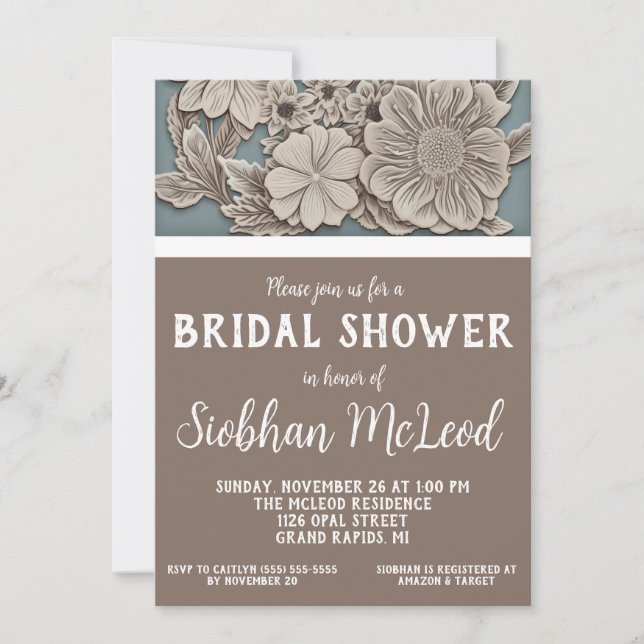 Invitación Ducha de novia floral blanca, azul y gris en 3D (Anverso)