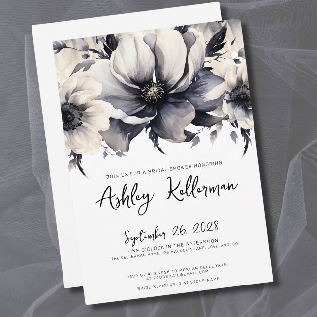 Invitación Ducha de novia floral blanca negra (Elegant Modern Floral Black White Bridal Shower Invitation)