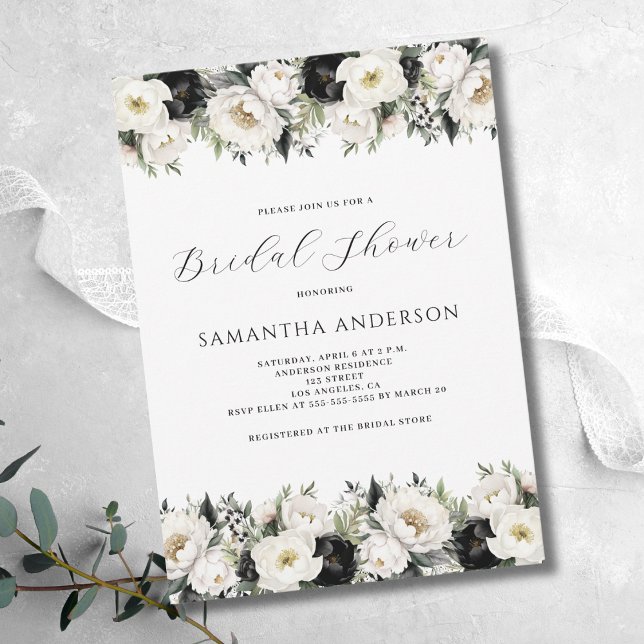 Invitación Ducha de novia floral blanca negra (Subido por el creador)