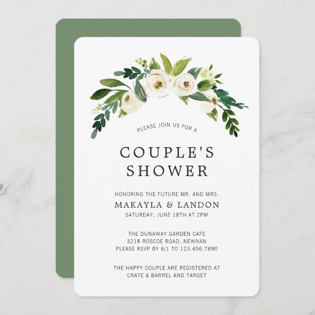 Invitación Ducha de Novia Floral Blanca para Parejas Elegante (Anverso / Reverso)