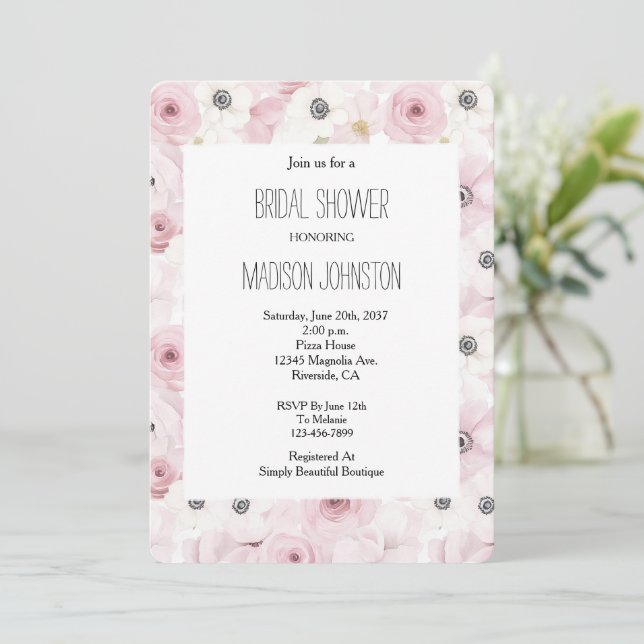 Invitación Ducha de novia floral blanca rosa bonito (Anverso de pie)