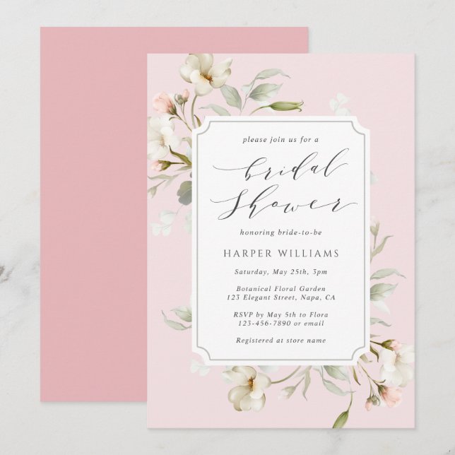 Invitación Ducha de novia floral blanca rosa Rubor (Anverso / Reverso)
