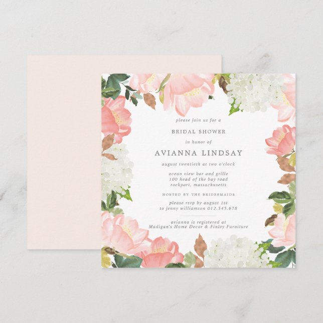 Invitación Ducha de novia floral blanca rosa Rubor (Anverso / Reverso)
