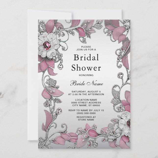 Invitación Ducha de novia floral blanca rosada plateada (Anverso)