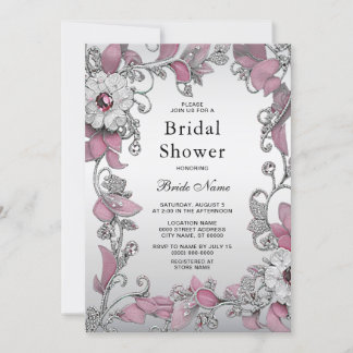 Invitación Ducha de novia floral blanca rosada plateada