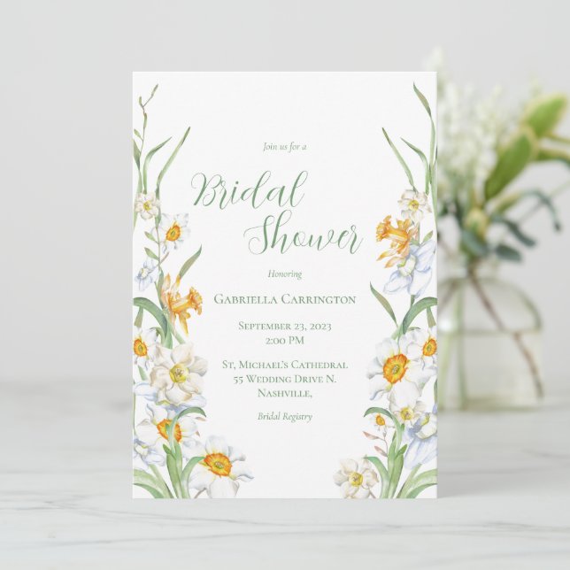 Invitación Ducha de novia floral blanca y amarilla (Anverso de pie)