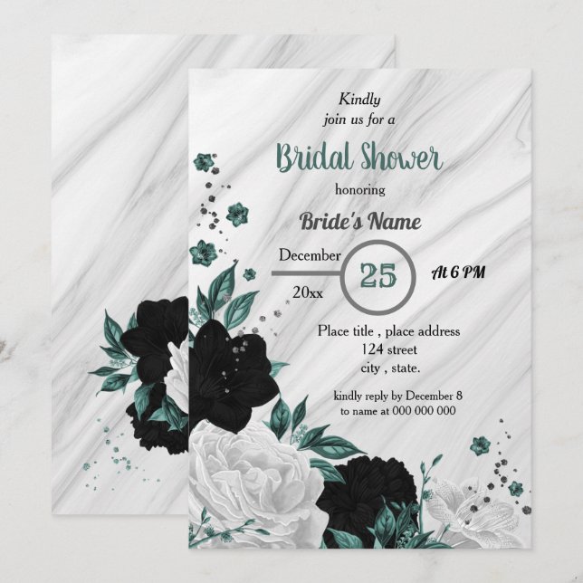 Invitación Ducha de novia floral blanca y azul verde azulada (Anverso / Reverso)