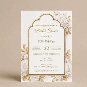Invitación Ducha de Novia Floral Blanca y Dorada