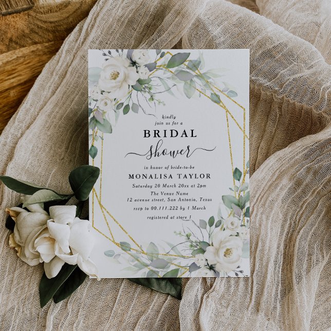 Invitación Ducha de novia floral blanca y dorada geométrica (Subido por el creador)