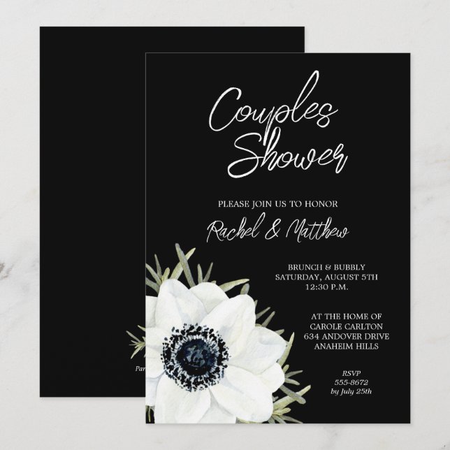 Invitación Ducha de novia floral blanca y negra (Anverso / Reverso)
