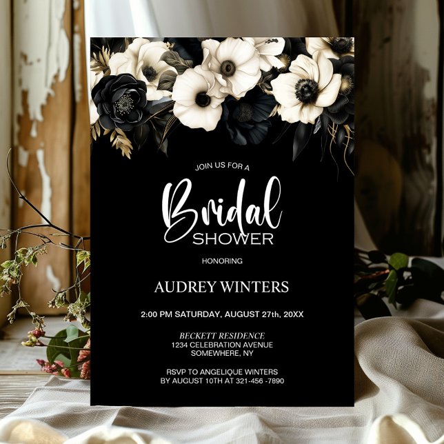 Invitación Ducha de novia floral blanca y negra (Subido por el creador)