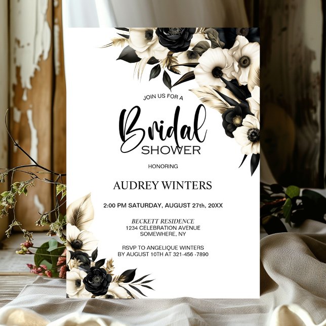 Invitación Ducha de novia floral blanca y negra (Subido por el creador)