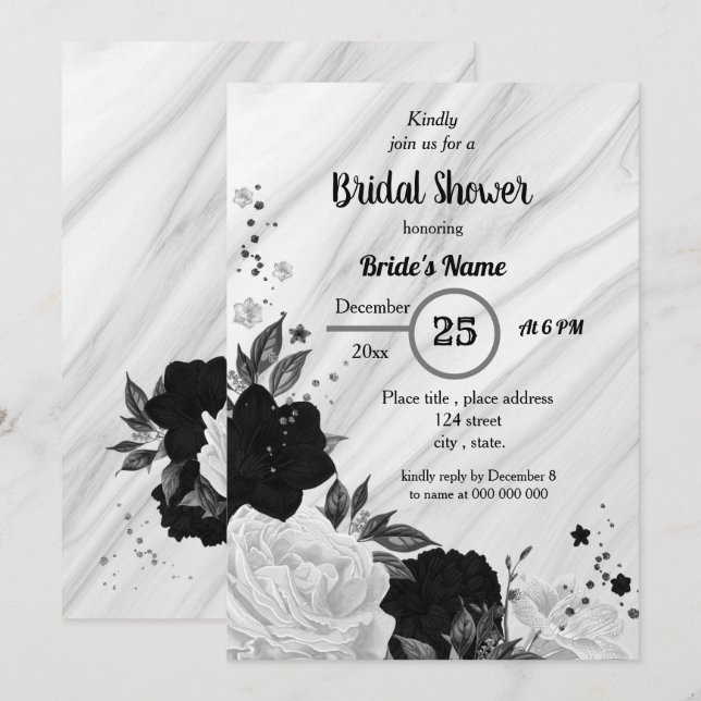 Invitación Ducha de novia floral blanca y negra (Anverso / Reverso)