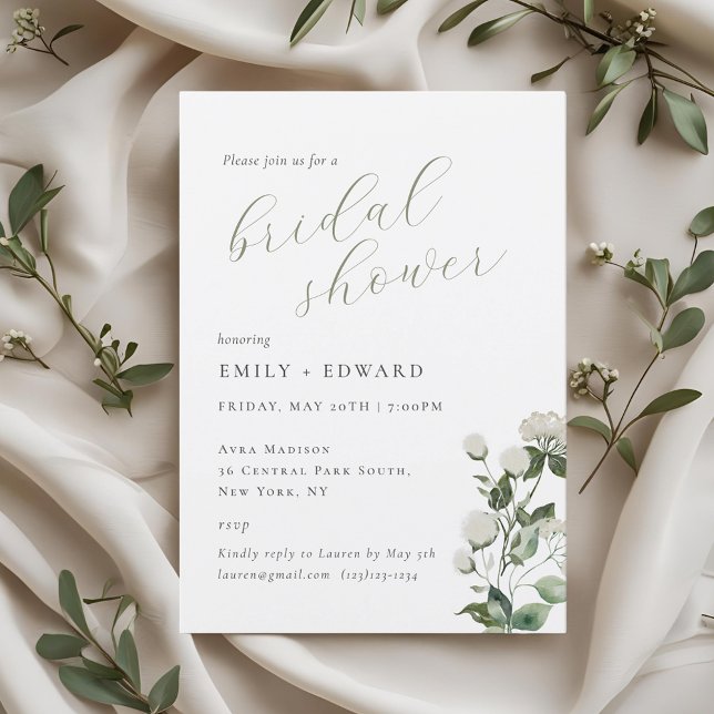 Invitación Ducha de novia floral blanca y verde sabio (Subido por el creador)