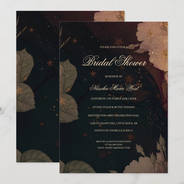 Invitación Ducha de Novia Floral Boho Gótico Rojo Oscuro (Anverso / Reverso)