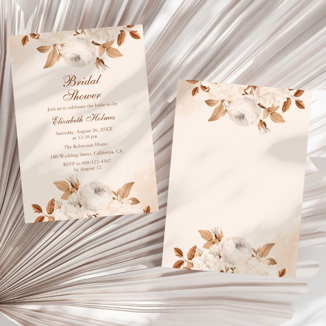 Invitación Ducha de novia floral Boho Pale Peach Terracotta (Boho Pale Peach Terracotta Floral Bridal Shower Invitation on a sunny white dry palm leaf.)