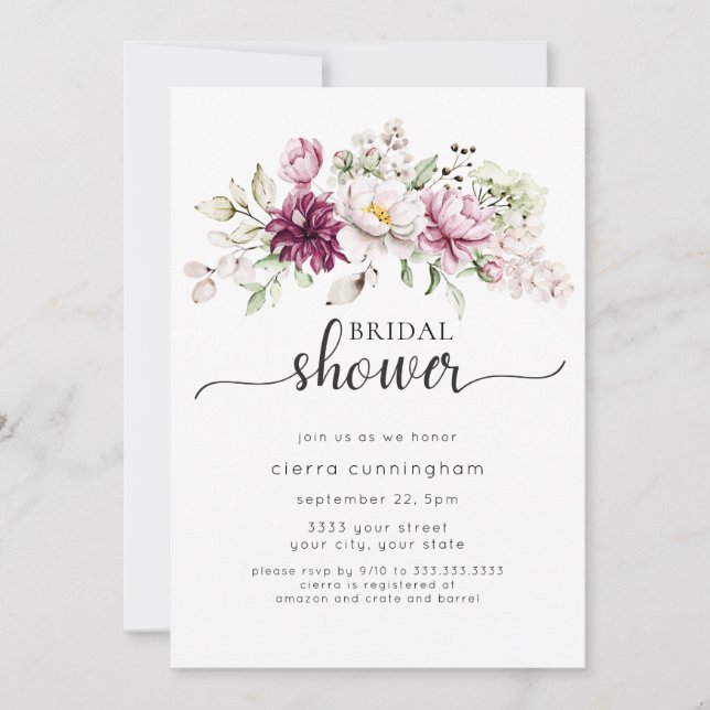 Invitación Ducha de novia floral borgoñona y rosa (Anverso)