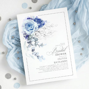 Invitación Ducha de Novia Floral Botánico Azul Polvo y Plata