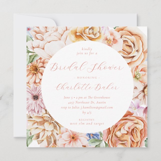 Invitación Ducha de novia floral brillante en Rubor Peach (Anverso)