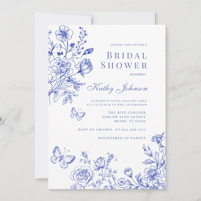 Invitación Ducha de novia floral Chinoiserie azul (Anverso)