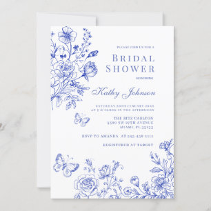 Invitación Ducha de novia floral Chinoiserie azul