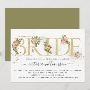Invitación Ducha de Novia Floral Cítrico Mandarina y Oro