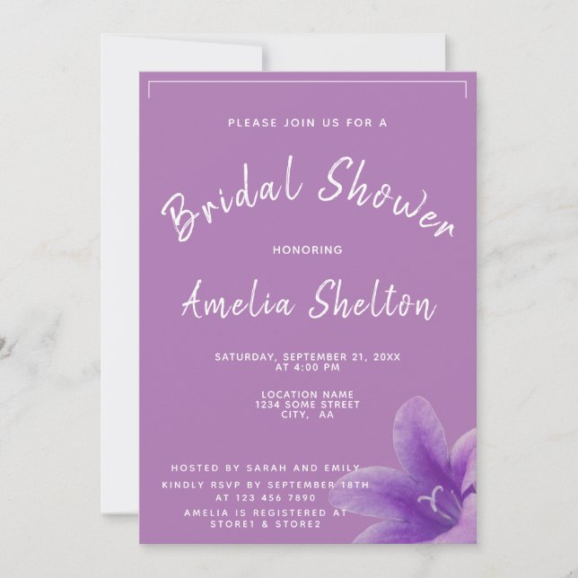 Invitación Ducha de Novia Floral con Campanillas Moradas Mode (Anverso)