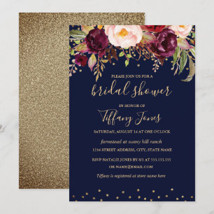 Invitación Ducha de Novia Floral con Confeti de Color Burgund