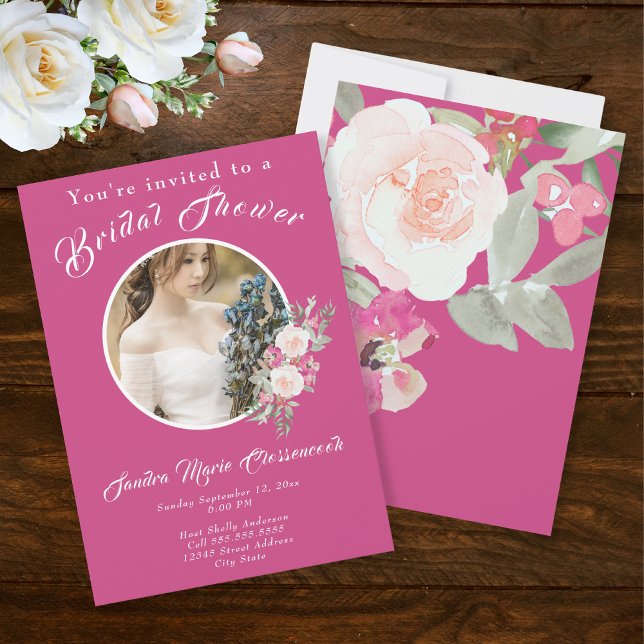 Invitación Ducha de novia floral con foto rosa de Rubor y fra (Subido por el creador)