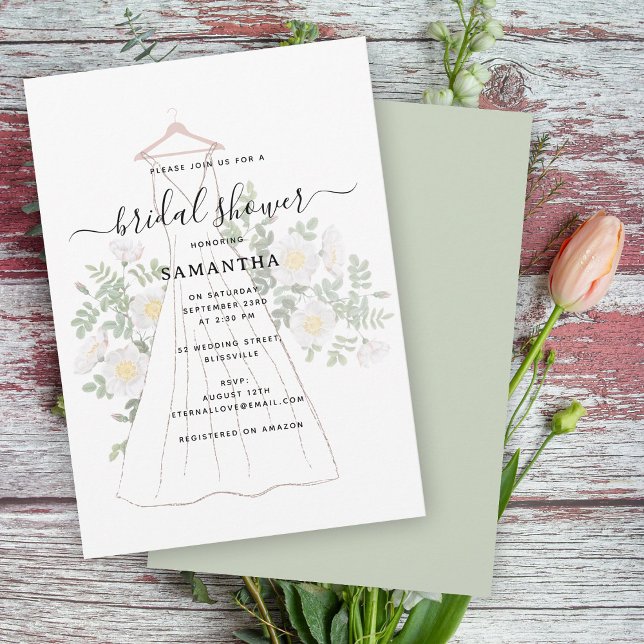 Invitación Ducha de novia floral con vestido de Boda de mano (Hand Drawn Wedding Dress Floral Bridal Shower Invitation)