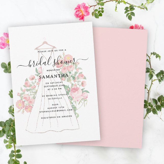 Invitación Ducha de novia floral con vestido de Boda de mano (Hand Drawn Wedding Dress Floral Bridal Shower Invitation)