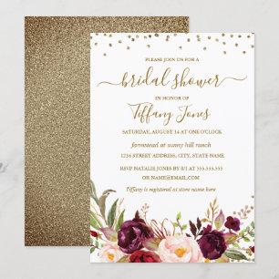 Invitación Ducha de Novia Floral Confeti Borgoña Dorado