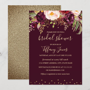 Invitación Ducha de Novia Floral Confeti Rojo Burdeos Dorado