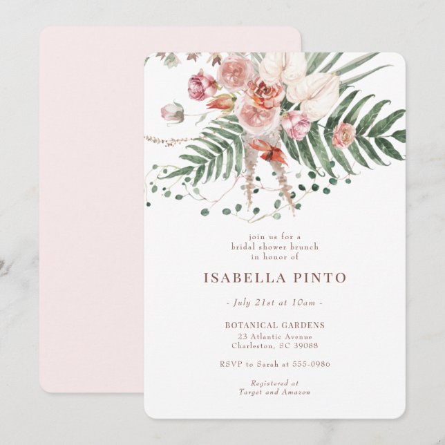 Invitación Ducha de novia floral de Boho tropical rosa (Anverso / Reverso)