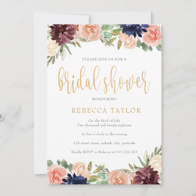 Invitación Ducha de novia floral de Borgoña (Anverso)