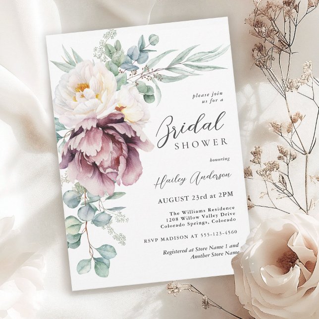 Invitación Ducha de novia floral de borgoña y peonés blancos (Available in both printed and instant download digital formats.)