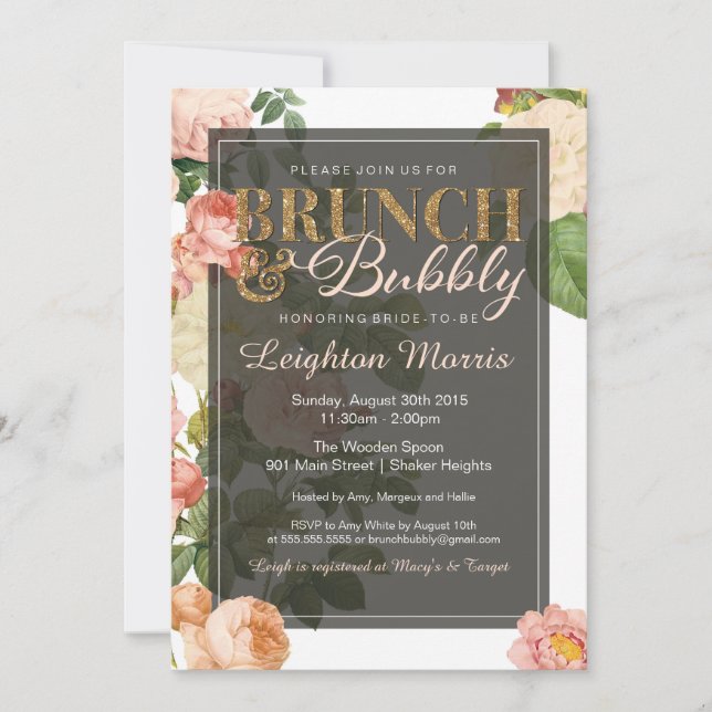 Invitación Ducha de novia floral de bronce y burbuja (Anverso)