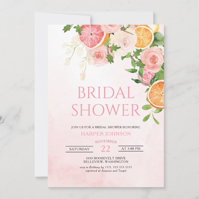 Invitación Ducha de novia floral de cítricos (Anverso)