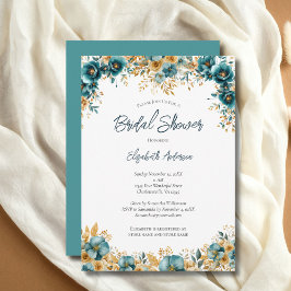 Invitación Ducha de novia floral de color dorado verde azulad