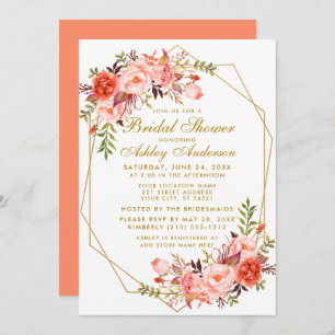 Invitación Ducha de novia floral de coral de oro geométrico