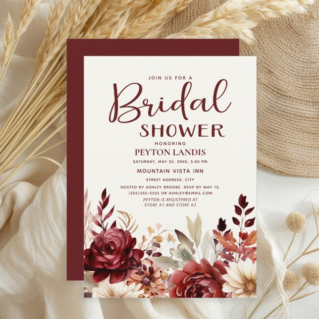 Invitación Ducha de novia floral de crema de borgoña (Burgundy and cream watercolor floral bridal shower invitation
)