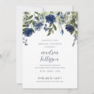 Invitación Ducha de Novia Floral de Flor Silvestre Azul Marin