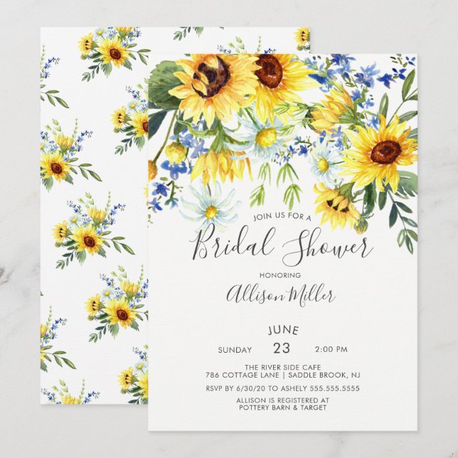 Invitación Ducha de novia floral de girasol amarillo (Anverso / Reverso)