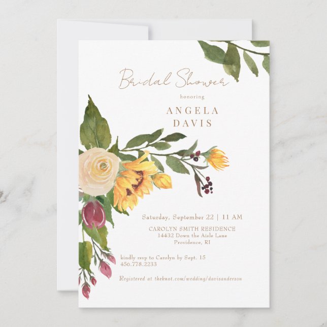 Invitación Ducha de novia floral de girasol dorado toscano (Anverso)